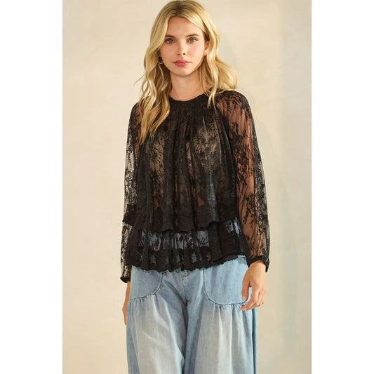 Blair Ruffled Lace Long Sleeve Top-Black
