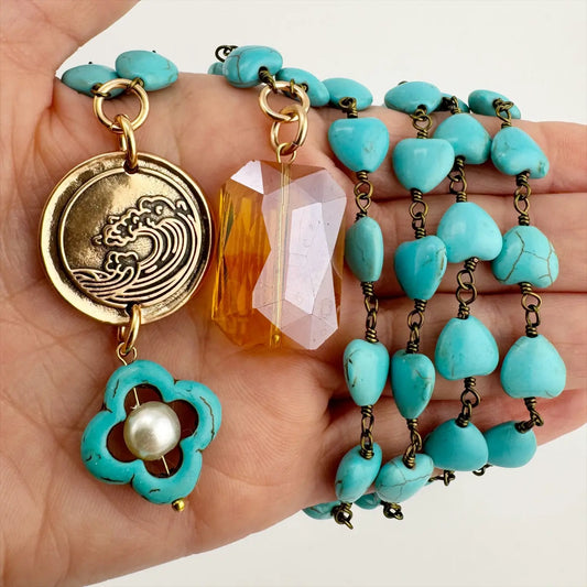 "Listen To the Sound of Waves Within You" Long Rosary Chain-Gold