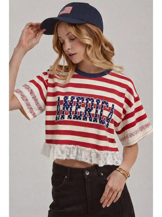 Striped America Lettering Print 4TH of July Top with Lace
