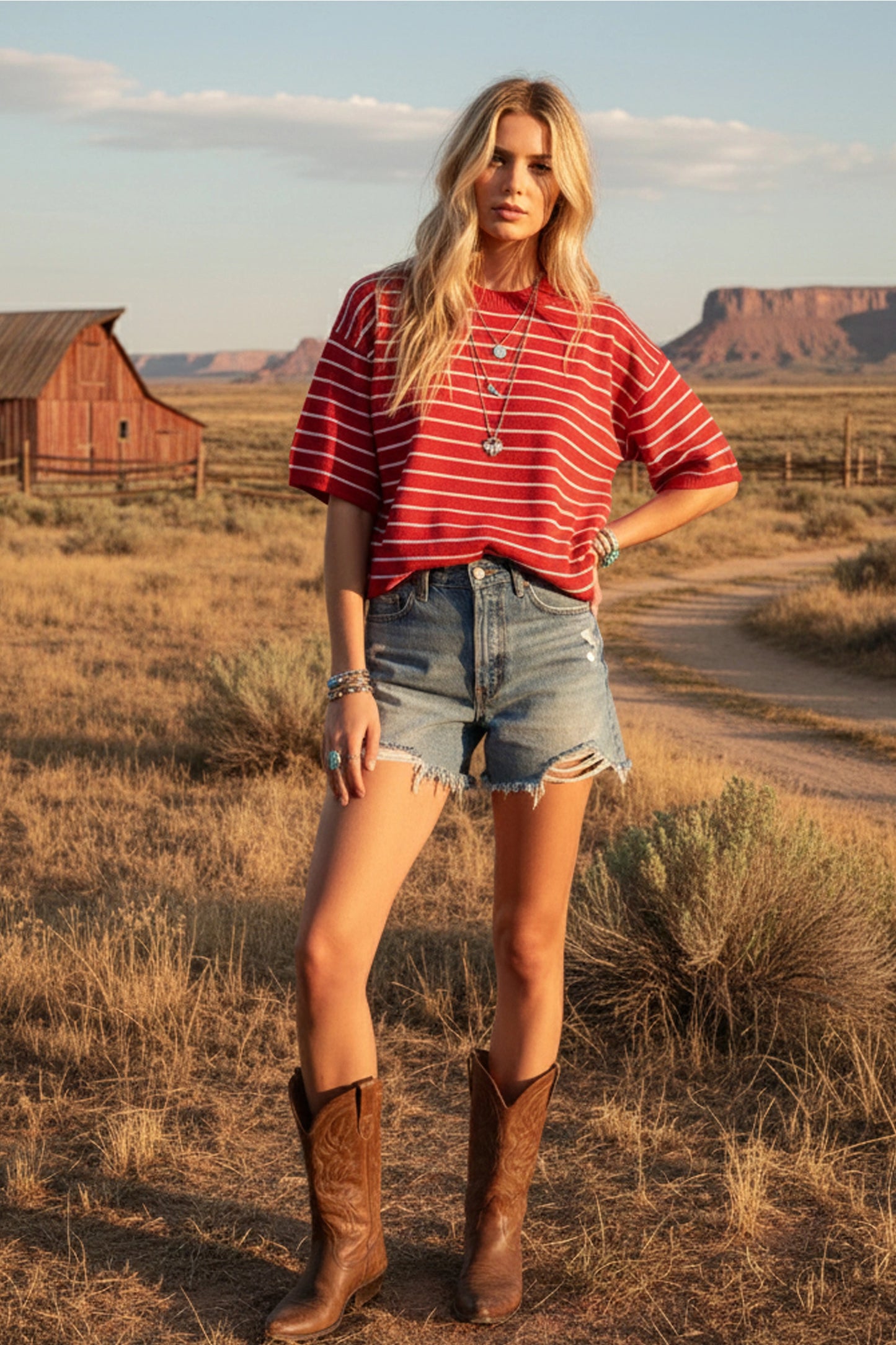 Oversized Lightweight Striped Sweater Top-Red/White