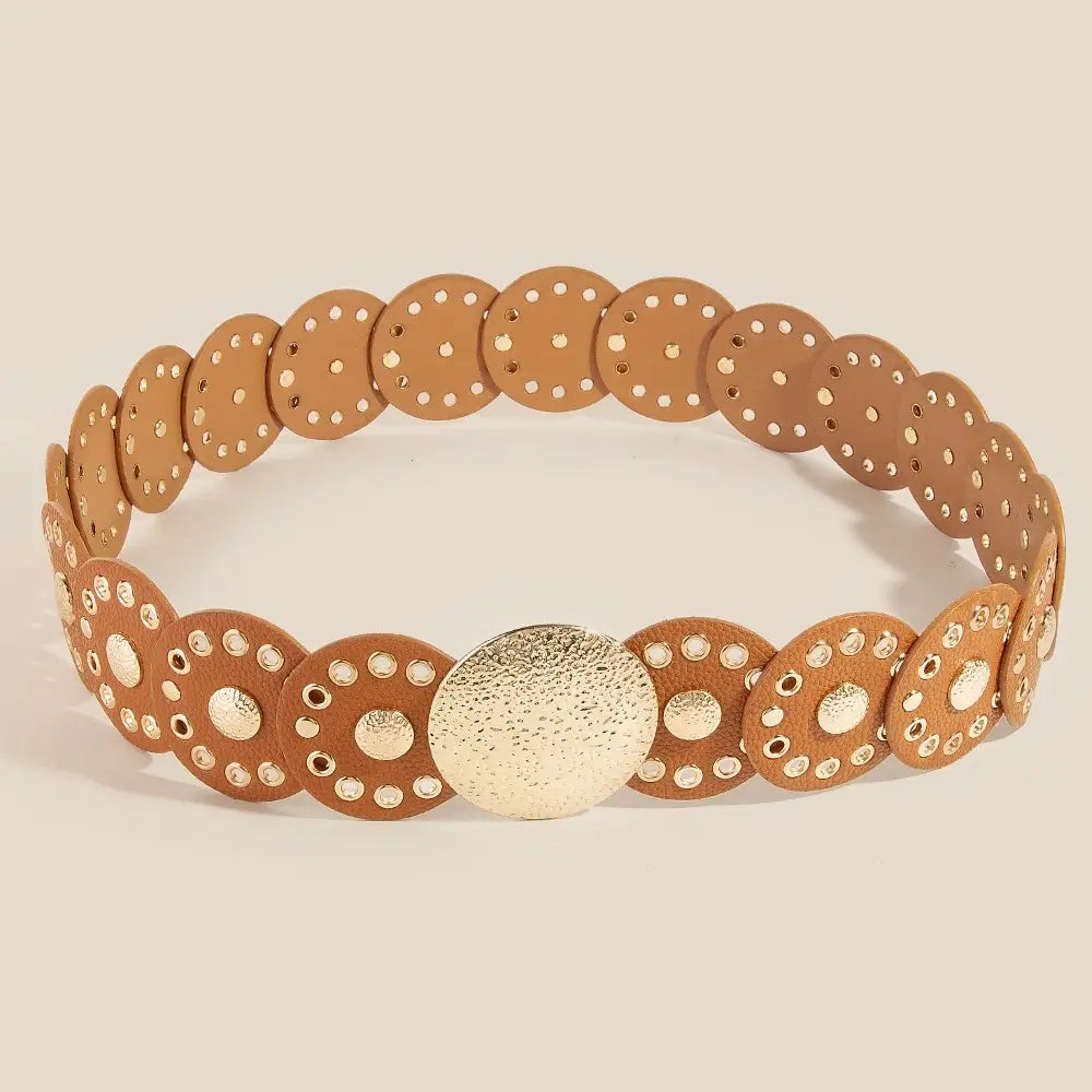Oval Leather Disc Panel Link Belt-Brown/Gold