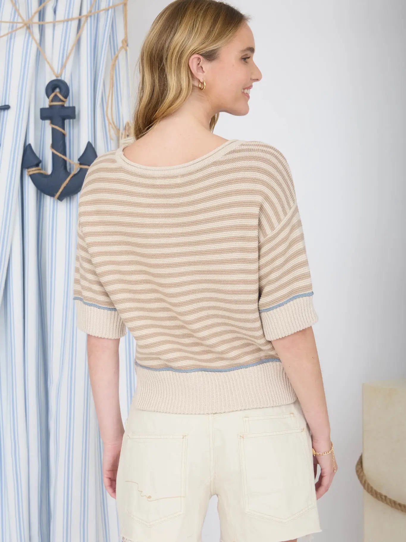 Stripe Raw Edge Detail Contrast Trim Sweater-Khaki