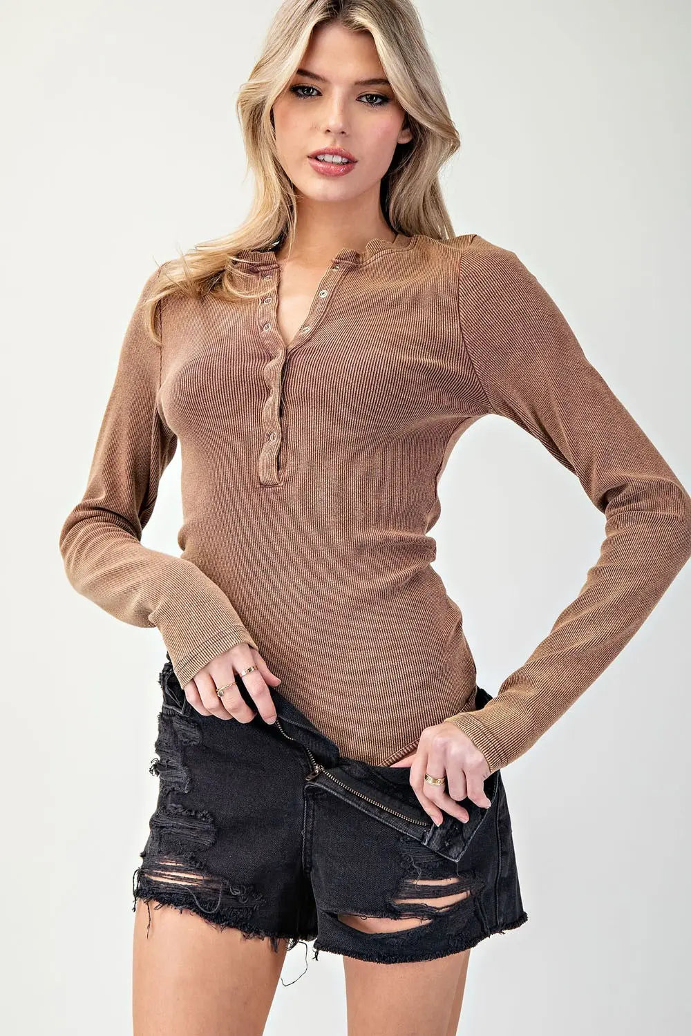 Mara Mineral Washed Henley Bodysuit-Copper