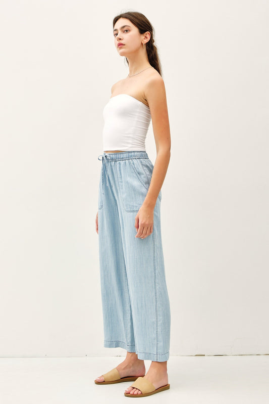 STRIPED WIDE LEG TENCEL PANT-Blue