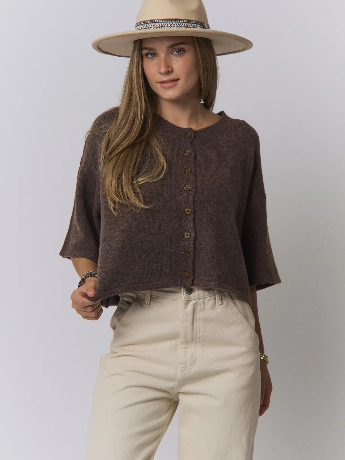 Boxy 3/4 Sleeve Button Front Sweater Top-Brown