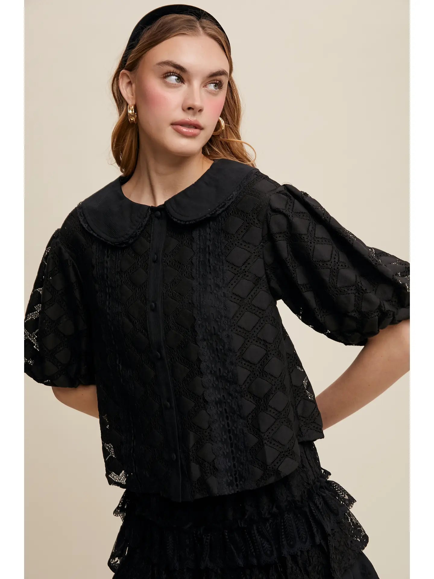 Lace Peter Pan Collar Blouse-Black