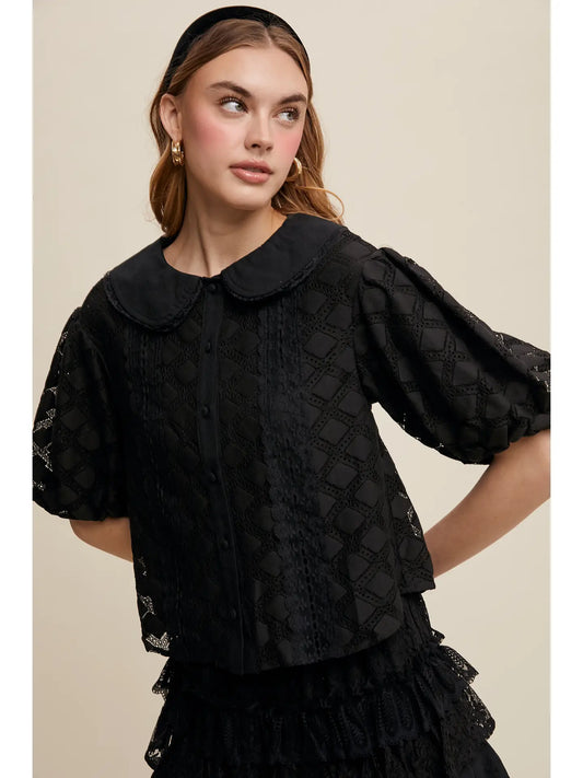 Lace Peter Pan Collar Blouse-Black