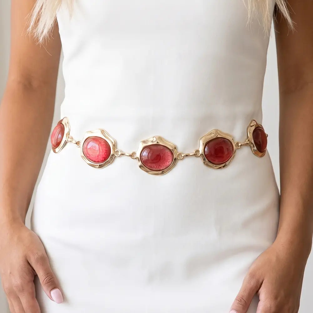 Glossy Oval Cabochon Stone Chain Belt-Burgandy