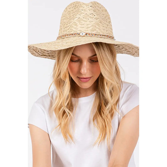 Evil Eye Straw Braided Band Summer Straw Sun Hat-Beige