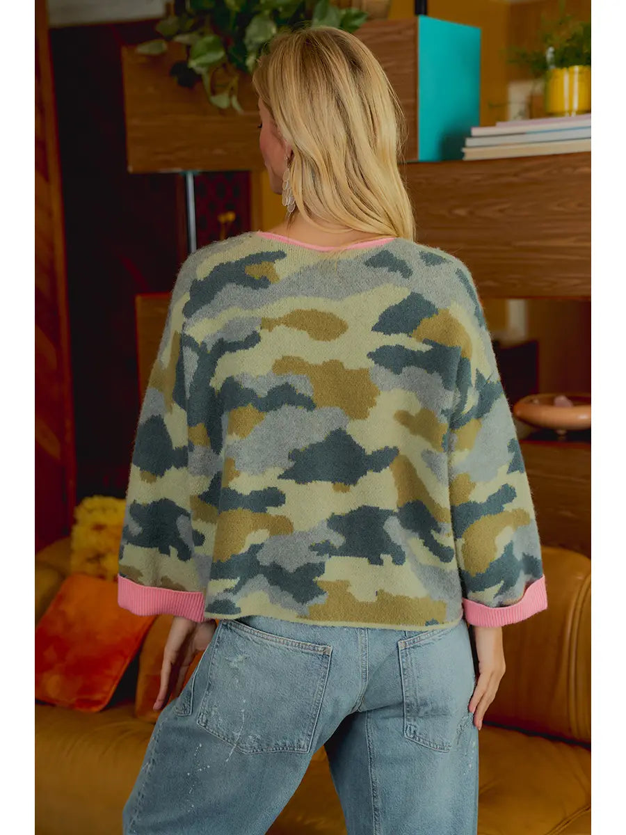 Soft Camo Contrast Neck and Roll Up Sweater