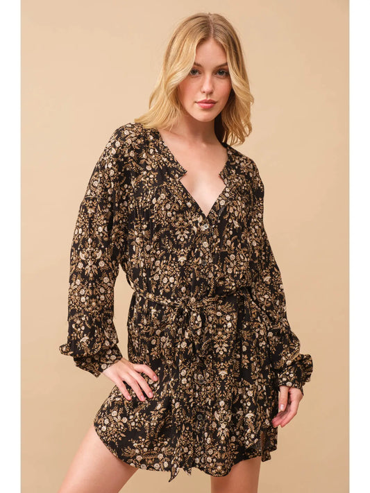 Oakley Crinkle Ditsy Floral Shirt Dress-BLACK