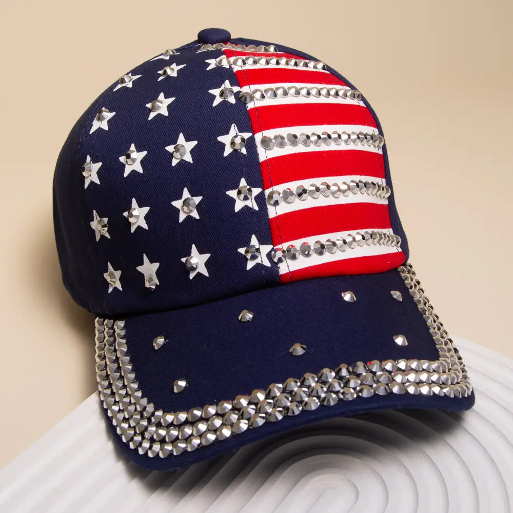 American Flag Hotfix Rhinestone Embellished Baseball Cap-Blue