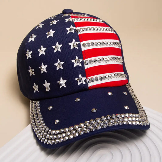 American Flag Hotfix Rhinestone Embellished Baseball Cap-Blue