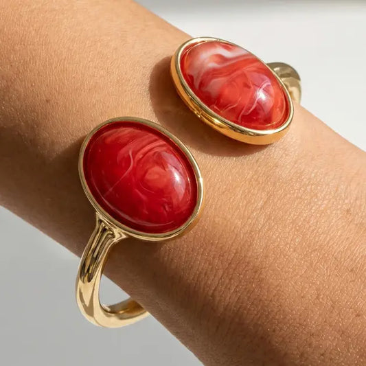 Double Cabochon Open Cuff Bracelet- RED