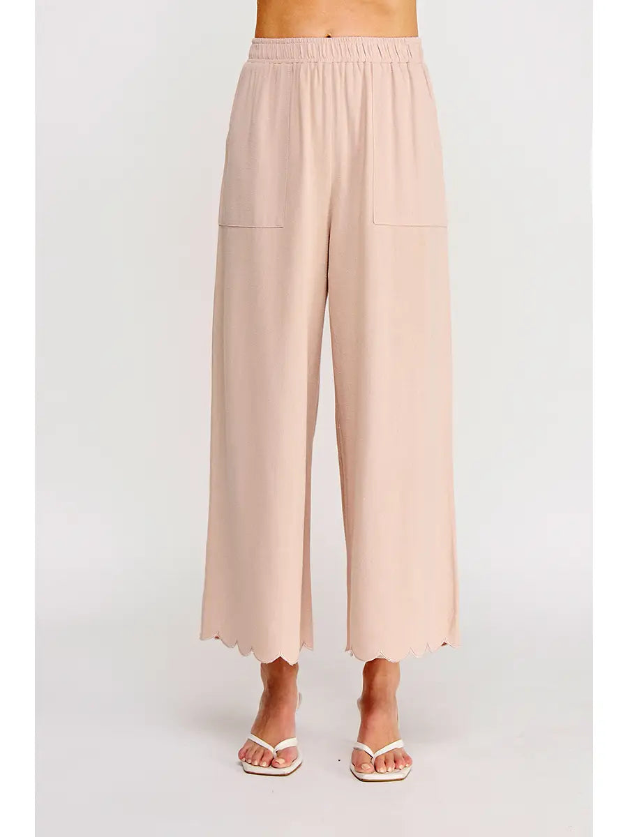 Soft Linen Blend Scallop Hem Elastic Waist Pant-Almond