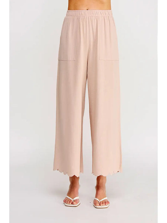 Soft Linen Blend Scallop Hem Elastic Waist Pant-Almond