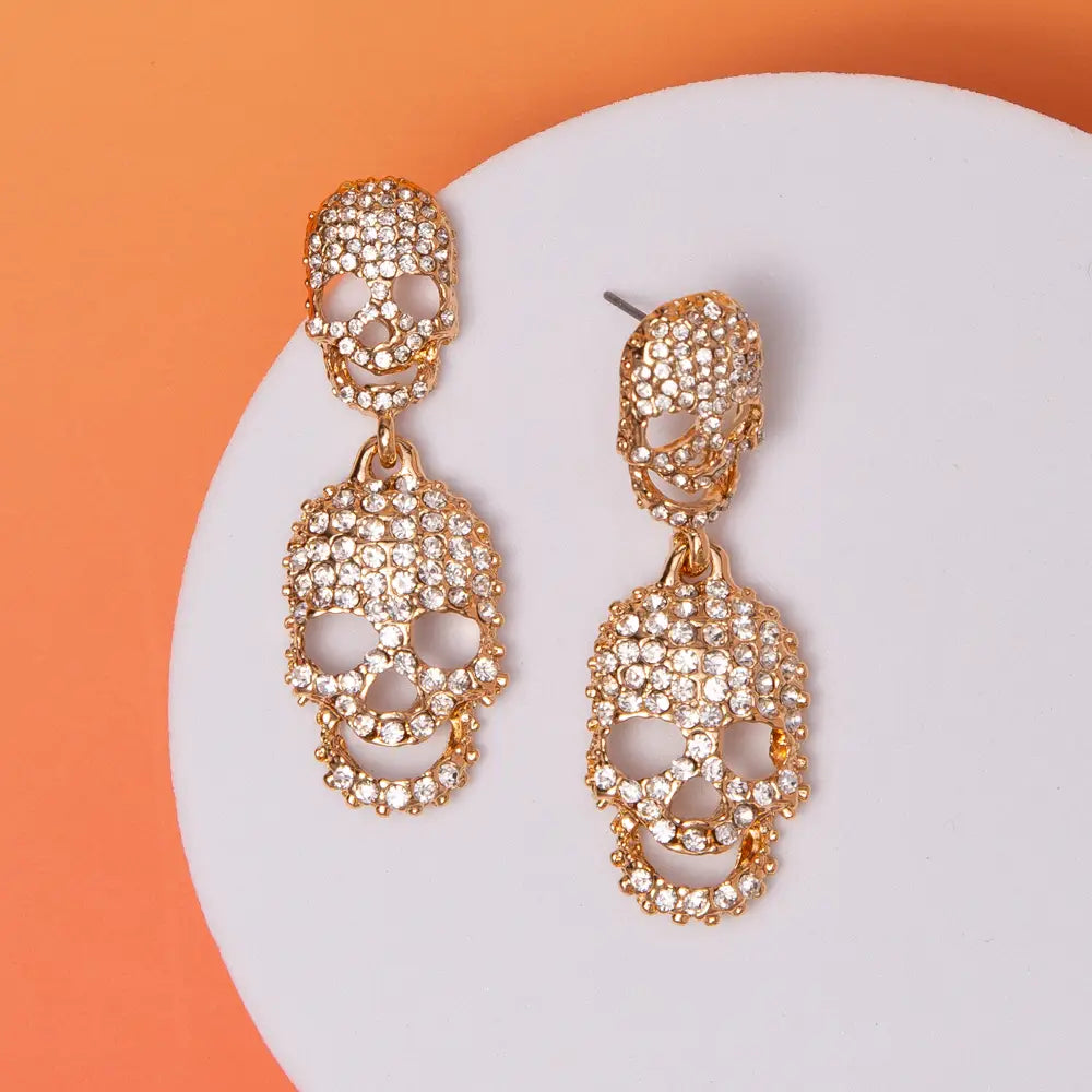Halloween Two-Tier Crystal Pavé Skull Post Dangle Earrings-Gold