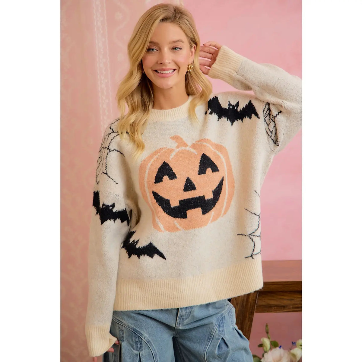 Halloween Pumpkin Bat Cozy Knit Sweater
