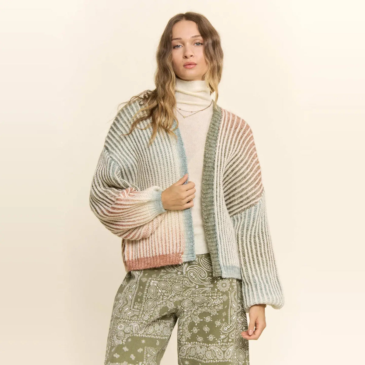 Rainbow Ombre Ribbed Knit Open Cardigan-Olive Rust