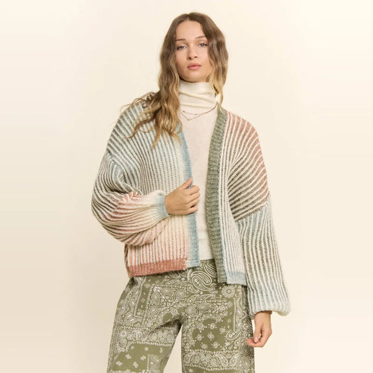 Rainbow Ombre Ribbed Knit Open Cardigan-Olive Rust