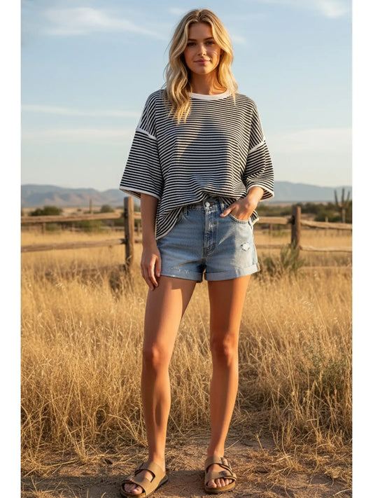 Striped Oversized Knit Top-Black/White