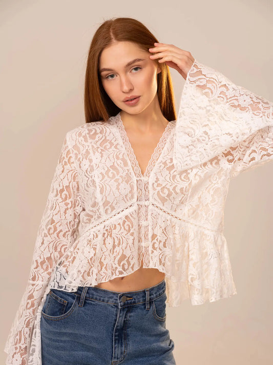 V-Neck Peplum Lace Blouse-Off White