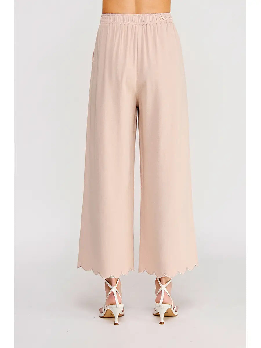 Soft Linen Blend Scallop Hem Elastic Waist Pant-Almond