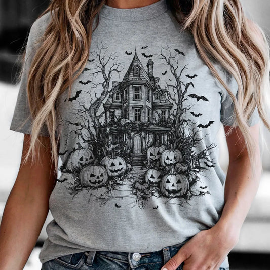Halloween Haunted House Vintage Spooky Retro Graphic Tee Top