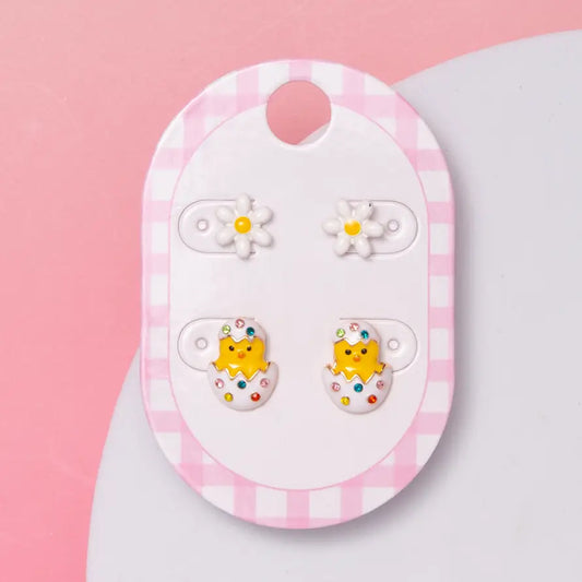 Enamel White Petal Flower & Baby Bird 2-Pair Earring Set