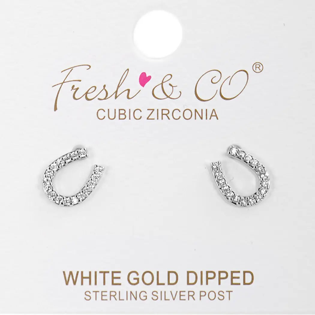 Cz Gold-Dipped Rhinestone Horseshoe Earring-Rhodium