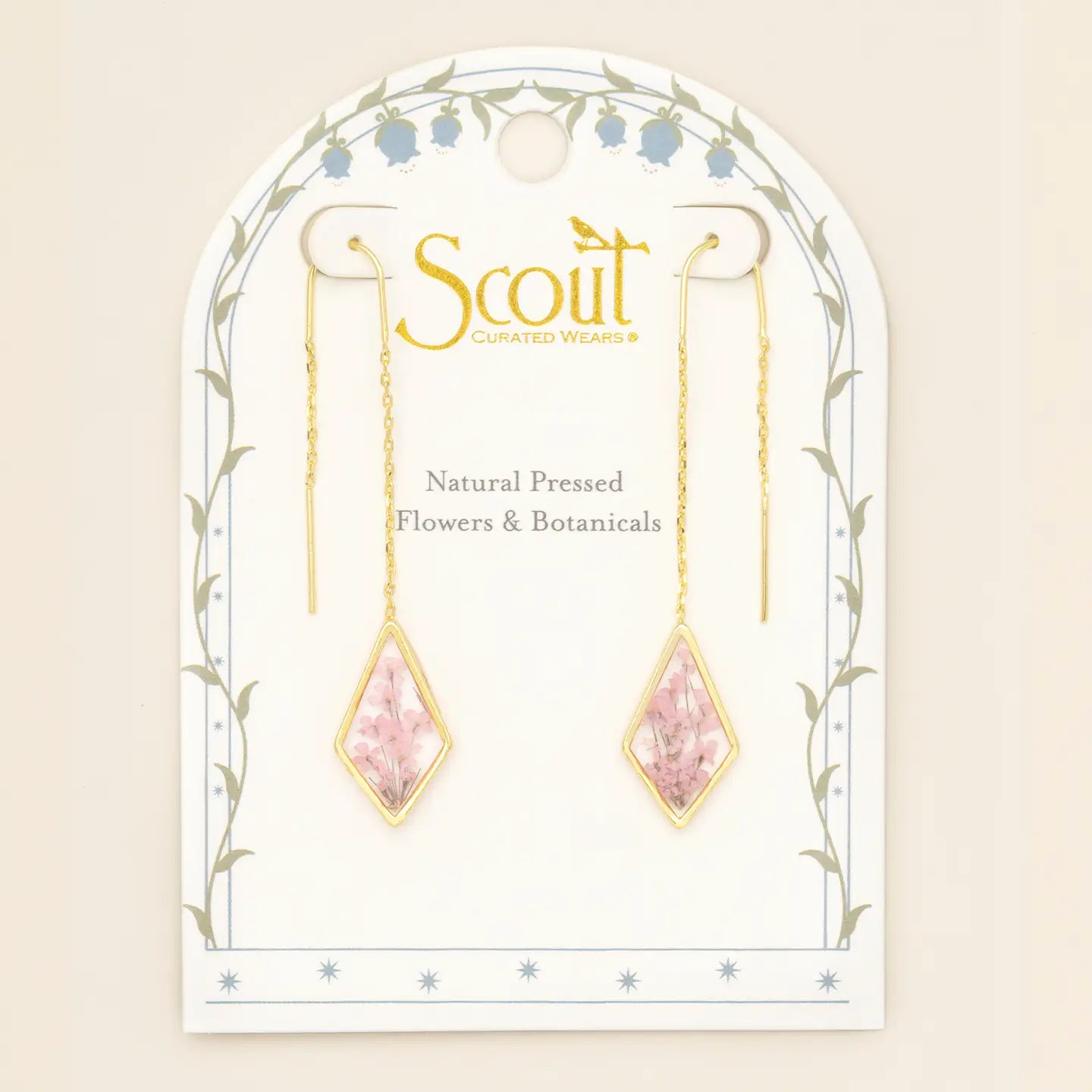 Pressed Flower Thread Earring - Pink Lace Flower/Gold