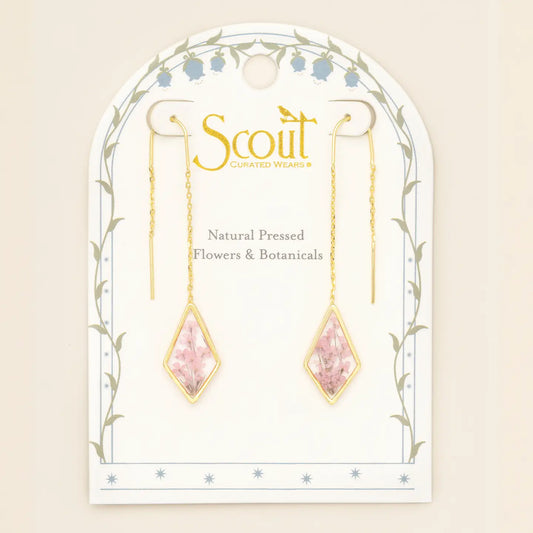 Pressed Flower Thread Earring - Pink Lace Flower/Gold