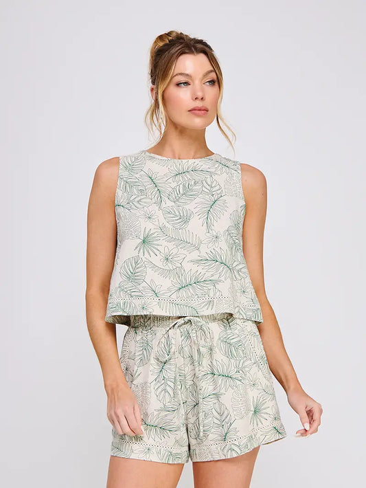 Amanda Printed Linen Blend Button Back Tank