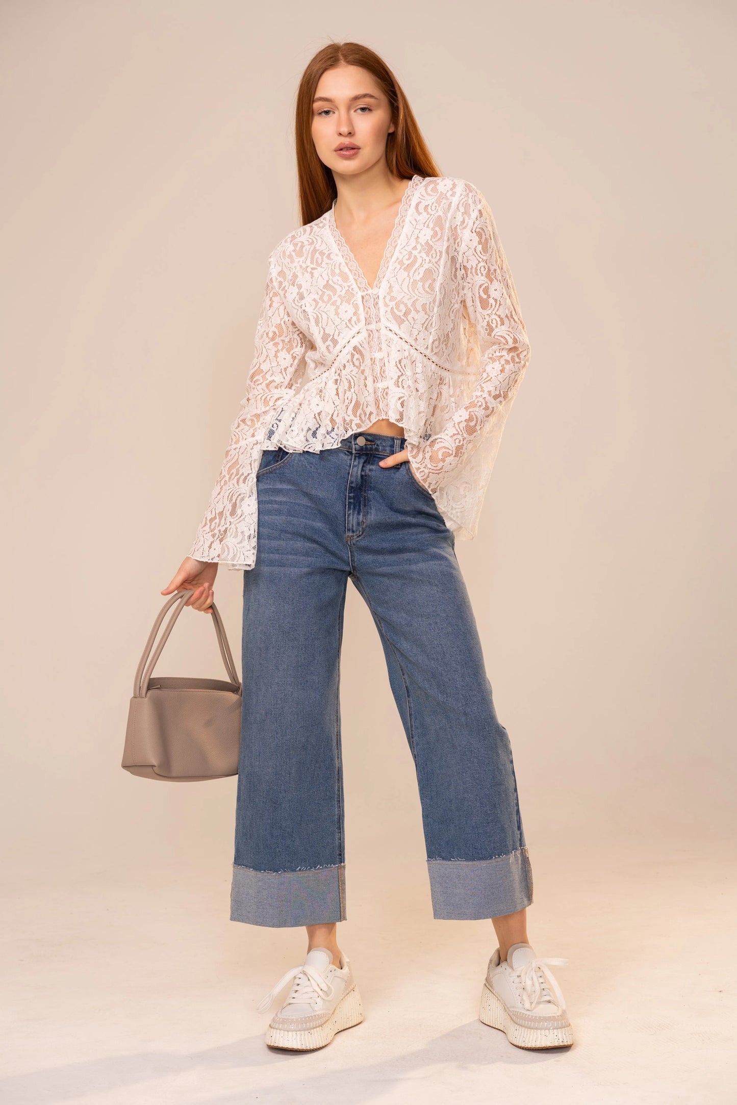 V-Neck Peplum Lace Blouse-Off White