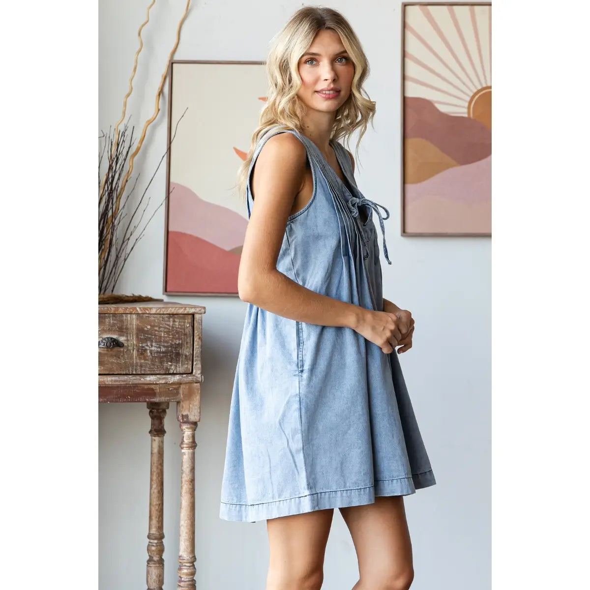 Carlan V-Neck Sleeveless  Denim Short Dress
