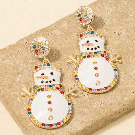 Multi Gold Holiday Enamel Pave Snowman Earrings
