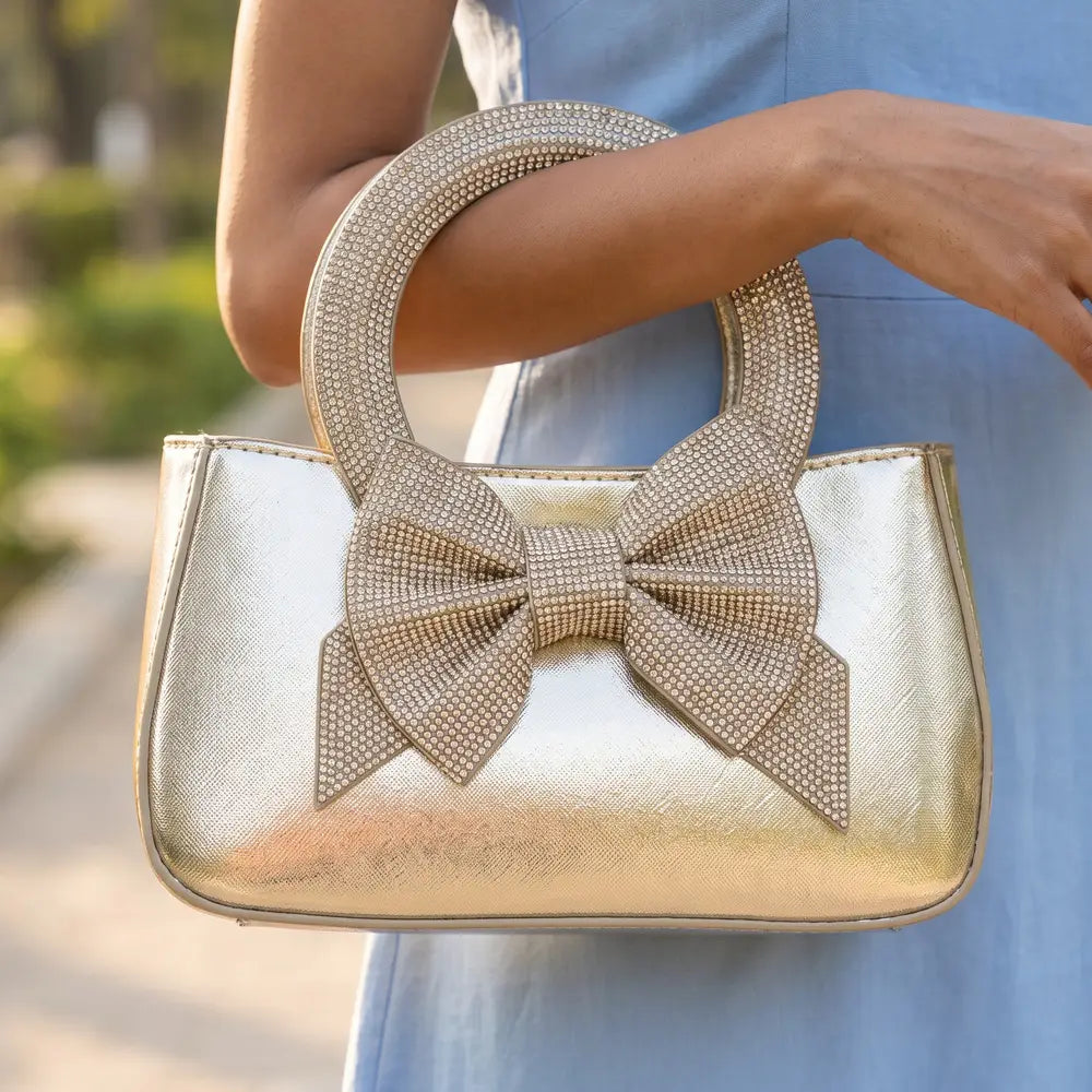 Rhinestone Bow Ring Handle Mini Evening Bag-Gold