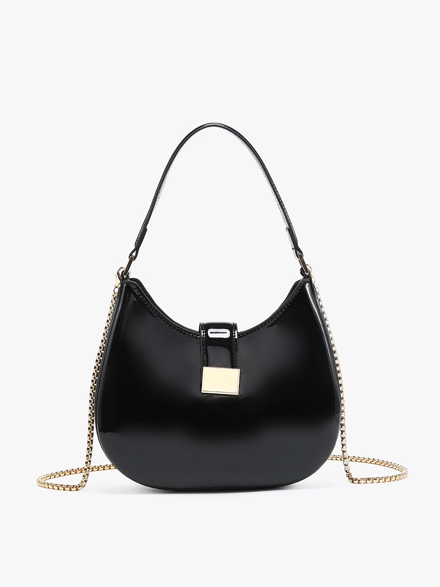 Malta Shaped Crossbody/Saddle Bag w/ Chain-Black