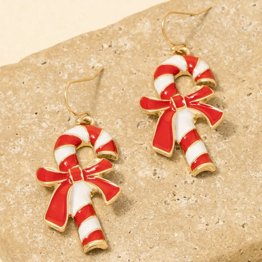 Christmas Holiday Enamel Candy Cane Bow Dangle Earrings