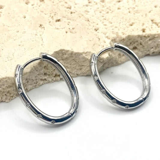 Starburst Oval Hoop Earrings Huggy Huggies-Silver