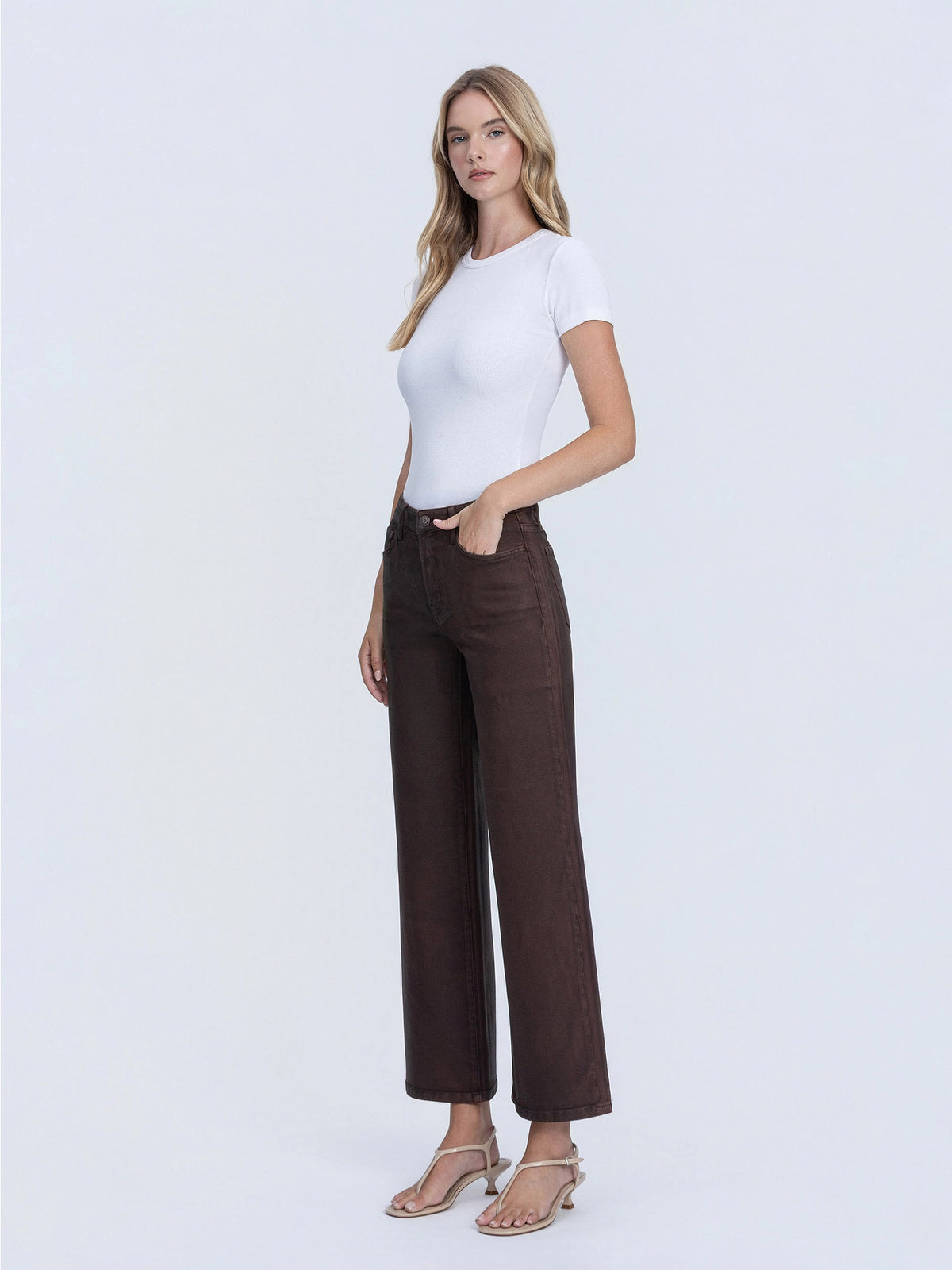 High Rise Chicory Coffee Coated Wide Leg Jeans