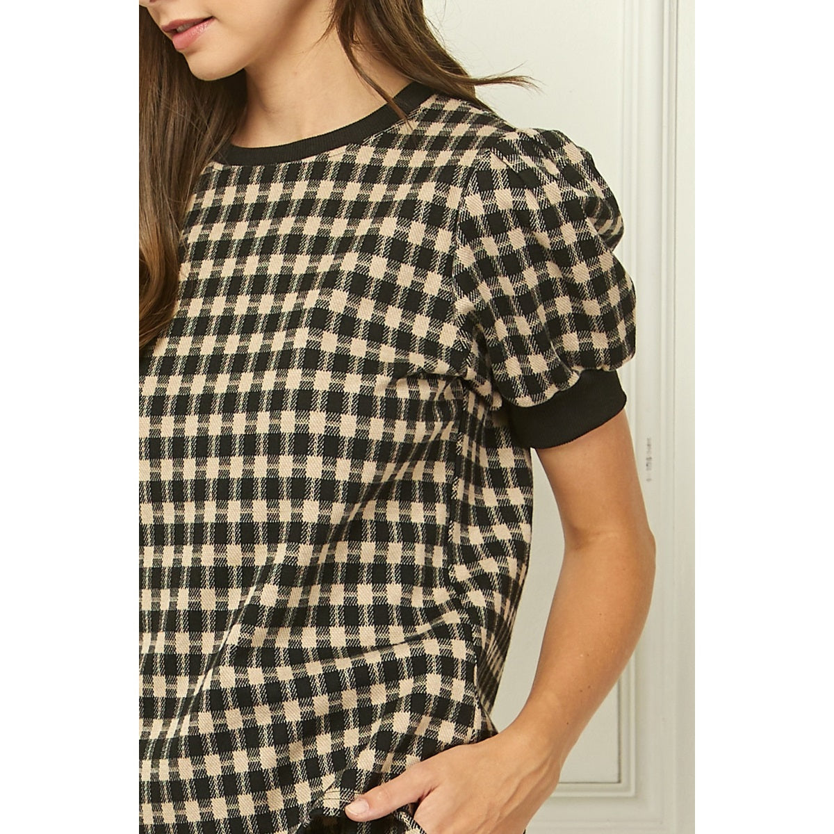Checker Knit Puff Sleeve Top