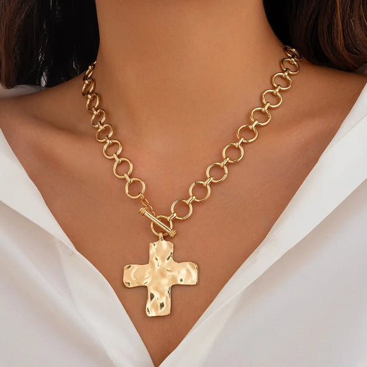Notable Hammered Cross Front Toggle Necklace-Gold