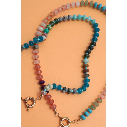 Natural Stone Charm Spring Clasp Beaded Necklace-F