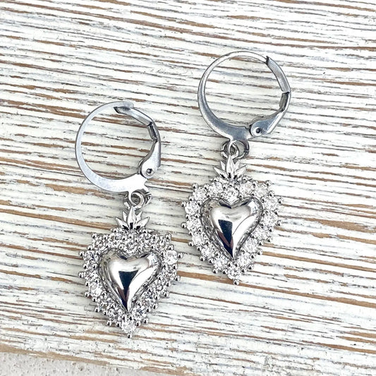 Flaming Heart Burning Heart Earrings -Silver