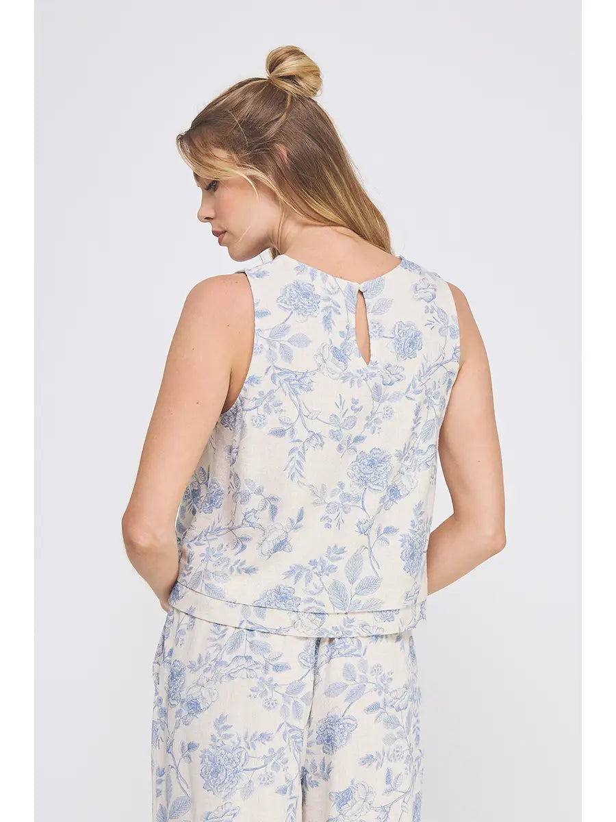 Allie Printed Soft Linen Tank with Layered Hem Detail