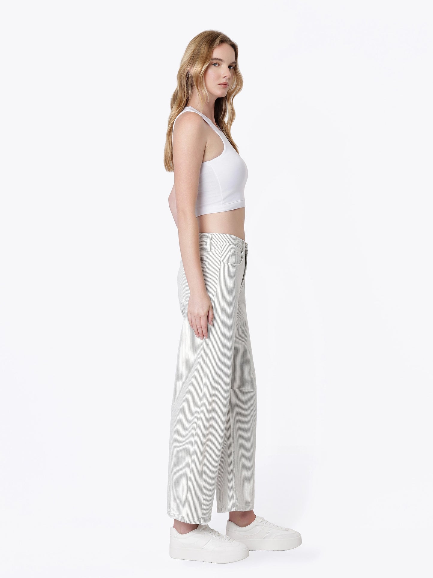 High Rise Dart Detail Striped Crop Barrel Jeans