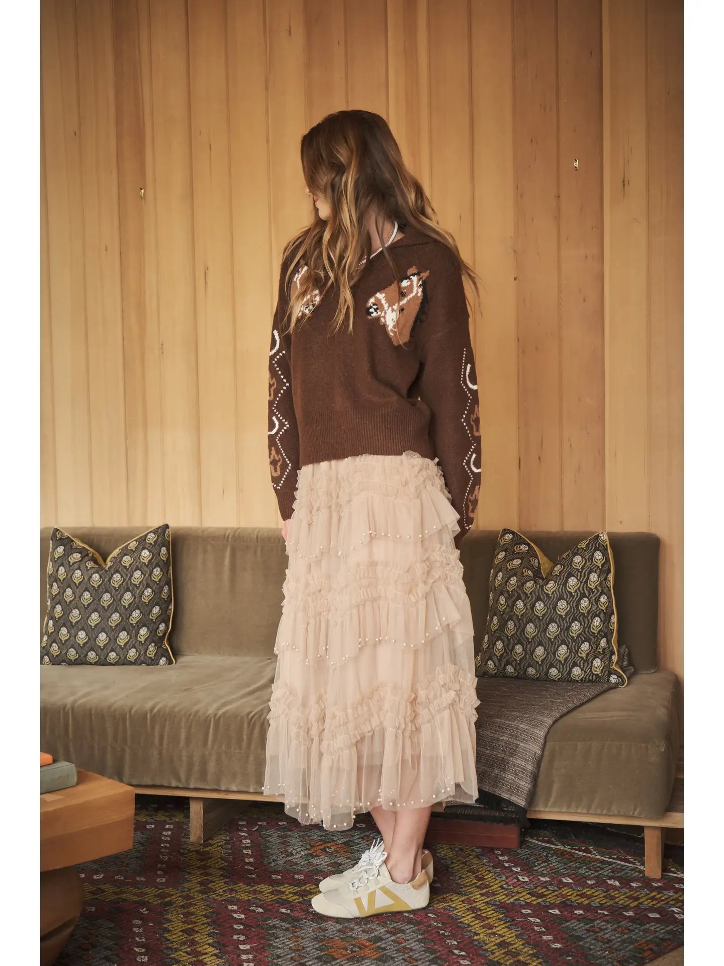Tiered Ruffle Tulle Skirt with Pearls-Taupe
