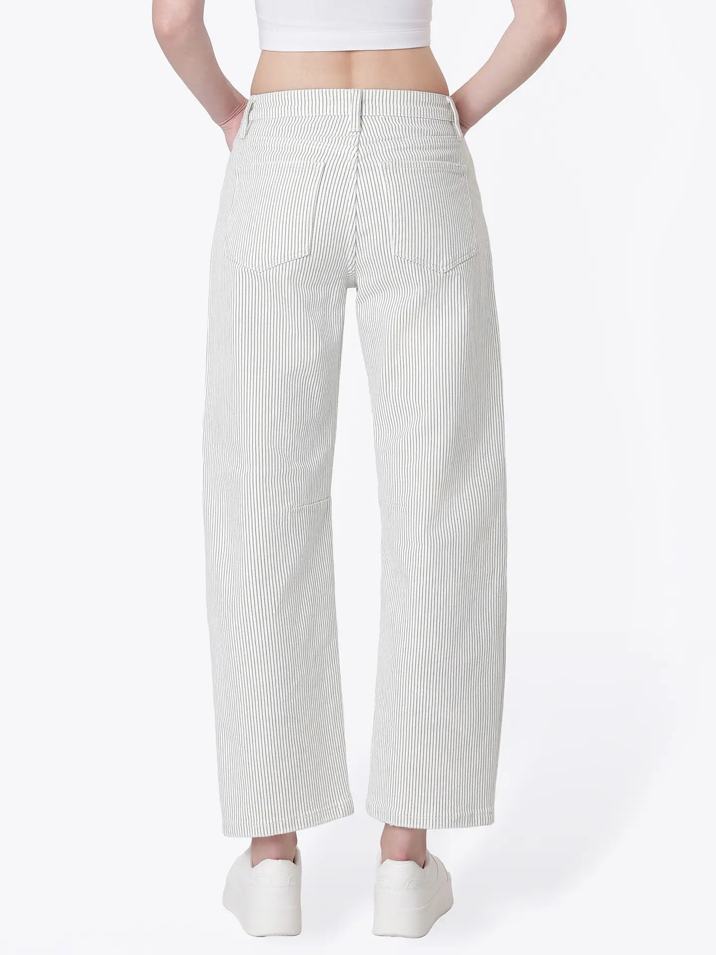 High Rise Dart Detail Striped Crop Barrel Jeans