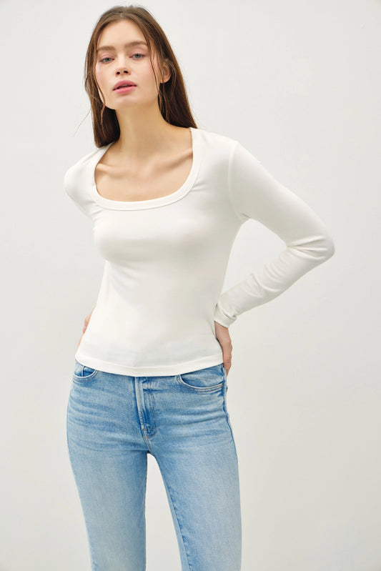 Basic Scoop Neck Long Sleeve Top-Ivory